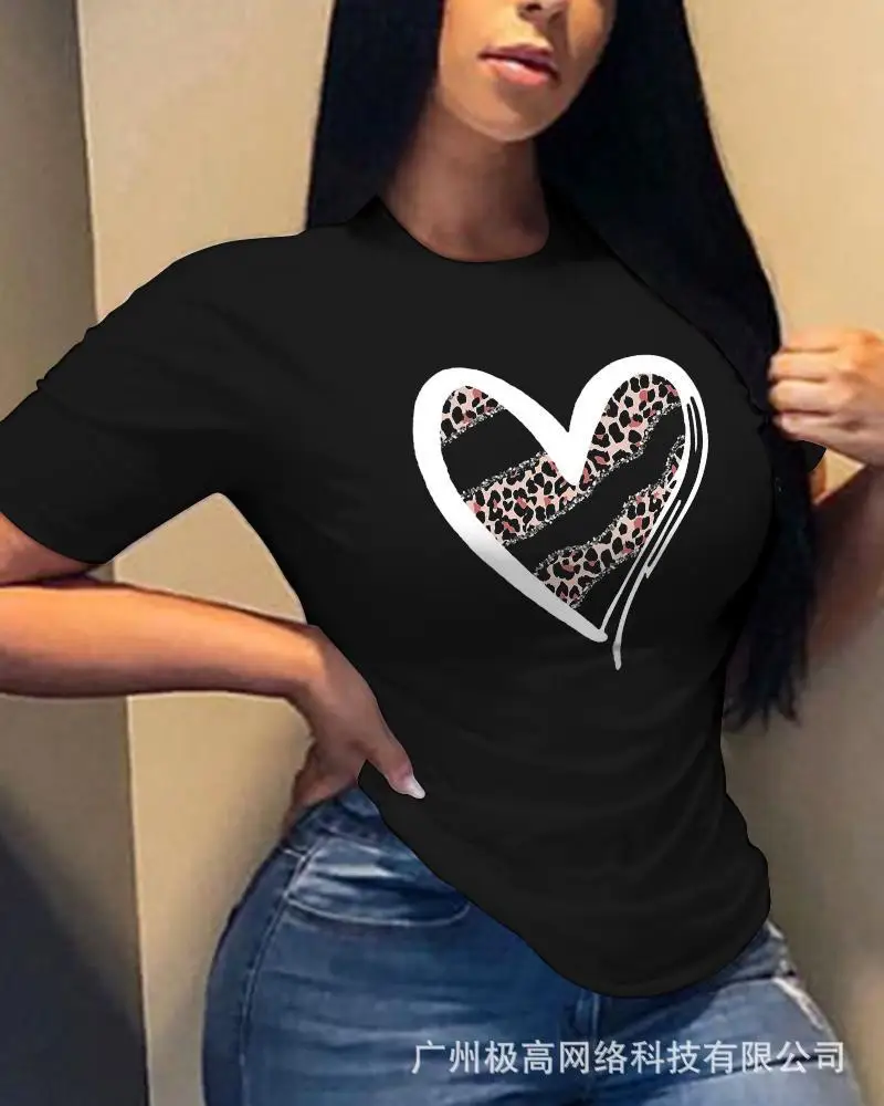 

Heart Leopard Print Casual T-shirt Women Summer Spring Top T Shirt Tee O Neck Short Sleeve