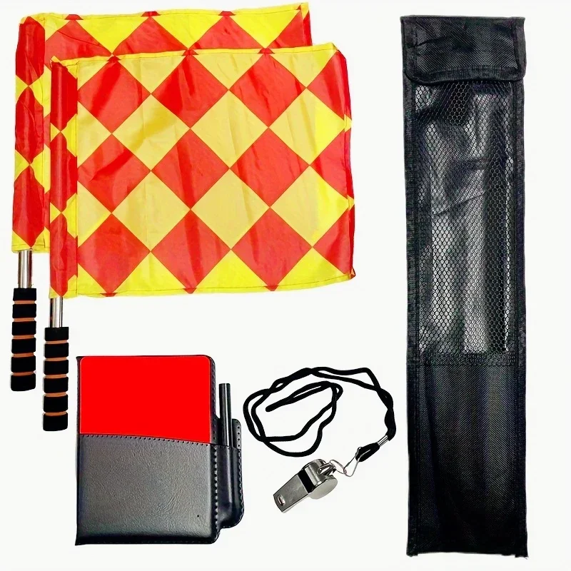 Complete 5pcs Soccer Referee Kit with Red Yellow Cards Metal Whistle Quadrilateral Flags Storage Bag soccer referee cards referee whistles referee flags