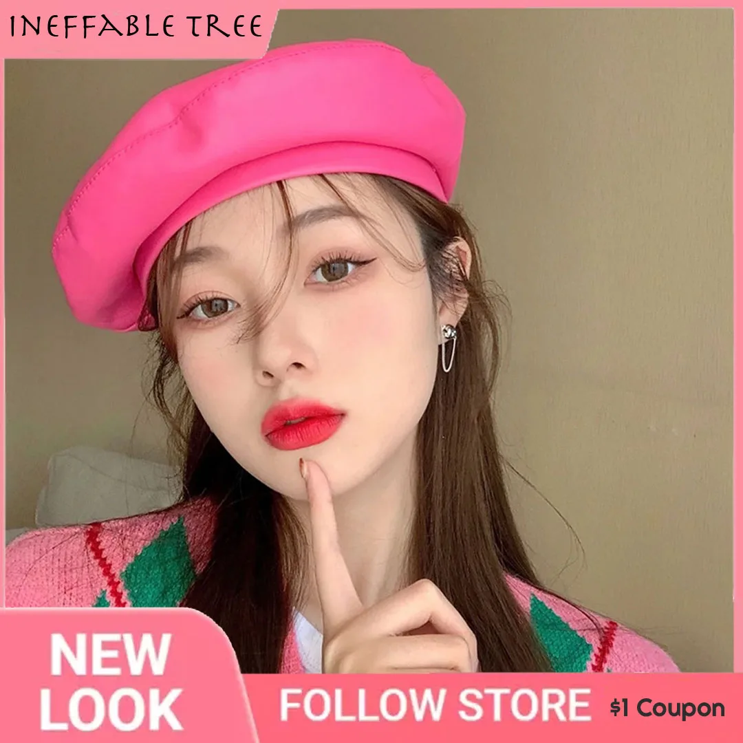 

INS Spring Winter Women Rose Red Artist PU Berets Hat Ladies Solid Color Cap Female Cap Casual Dome Caps Chapeu Feminino Boina