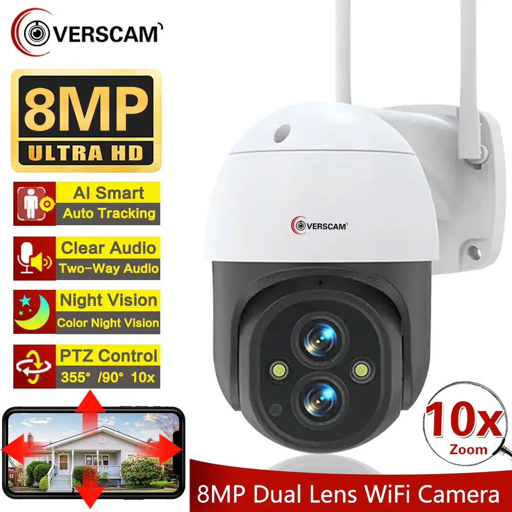 

8MP WiFi Camera Dual Lens 10X PTZ Zoom Outdoor WiFi Security Camera 4K Detect Tracking Two Way Audio Color Night Vision CCTV Cam