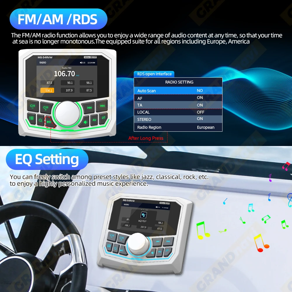 GRANDnavi MP5 Marine Stereo Waterproof Boat Radio Player Bluetooth FM AM RDS Audio Yacht Gauge RV ATV UTV Cart