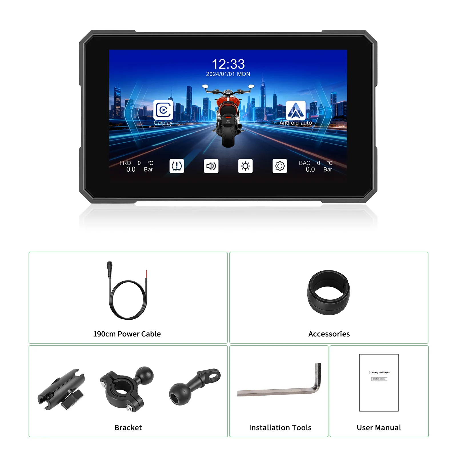 Reproductor de Pantalla Inteligente para Motocicleta Podofo de 5'' con Pantalla Táctil, Carplay, Android Auto, Resistente al Agua IP67, Brillo Automático, Reproductor Portátil para Motocicleta 8