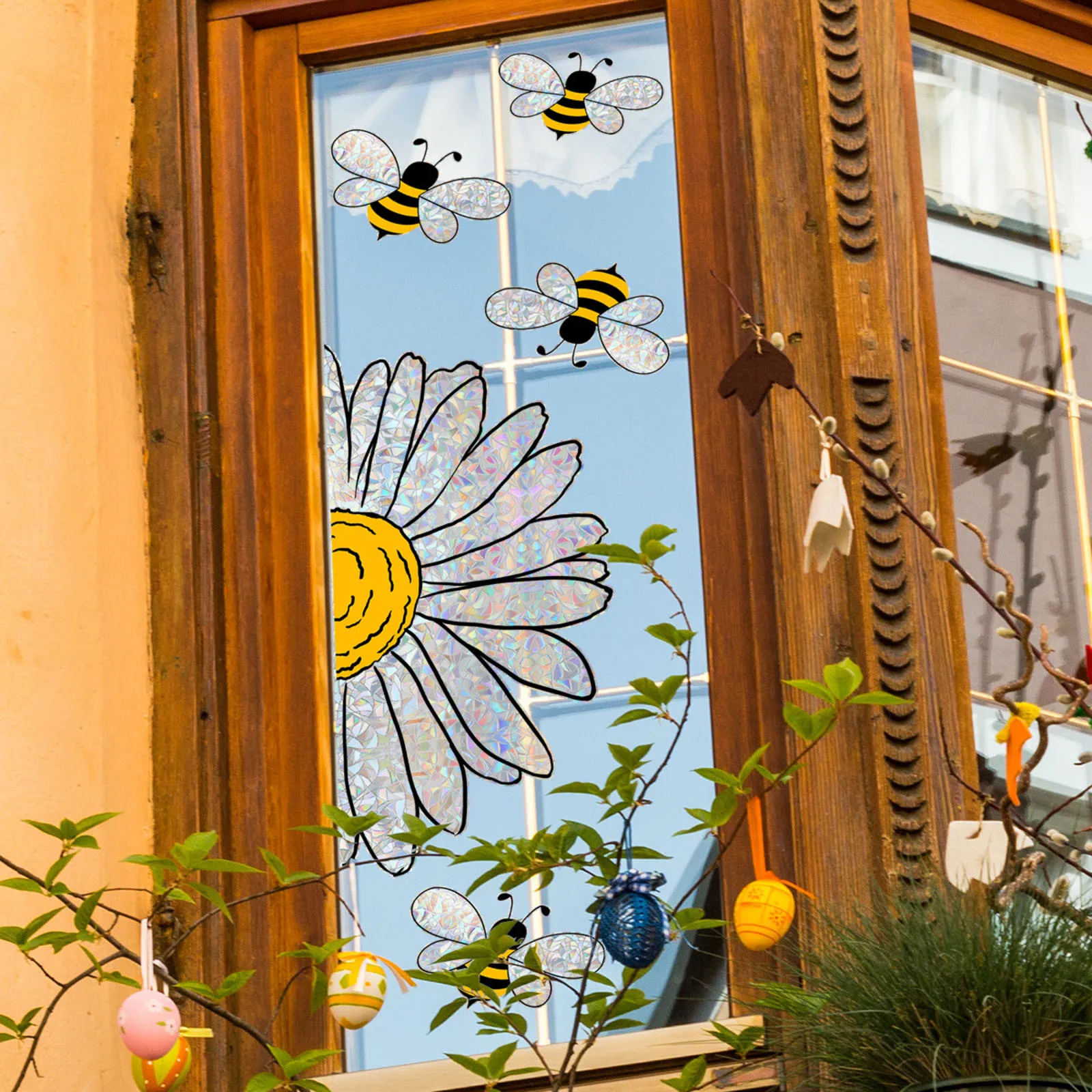 Sunflower Window Stickers Reusable Sunflower And Bee Decal For Window Non-Adhesive Static Clings For Living Room Walls