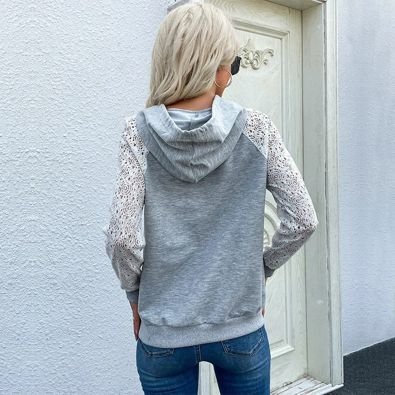 2023 Autumn New Women's Fashion Casual Joker Pullover Hooded Jacket Temperament Elegant Lace Openwork Stitching Ladies Sweater