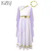 Kids Girls Halloween Ancient Greek Costume Chiffon Cap Sleeve Color Patchwork Gold Belt Dress with Gold Leaves Garland Head Wear 1