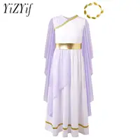 Kids Girls Halloween Ancient Greek Costume Chiffon Cap Sleeve Color Patchwork Gold Belt Dress with Gold Leaves Garland Head Wear 1