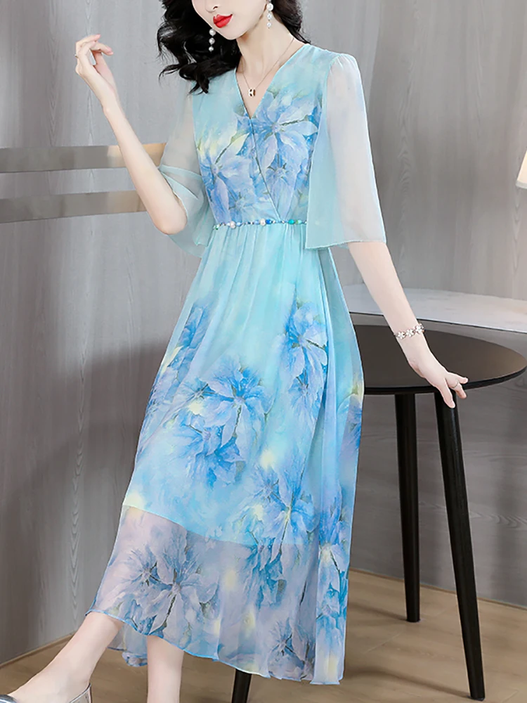 

Summer Blue Floral Silk Chic Butterfly Sleeve Midi Dress Women Elegant Casual Beach Dress 2023 Fashion Bodycon Birthday Dresses