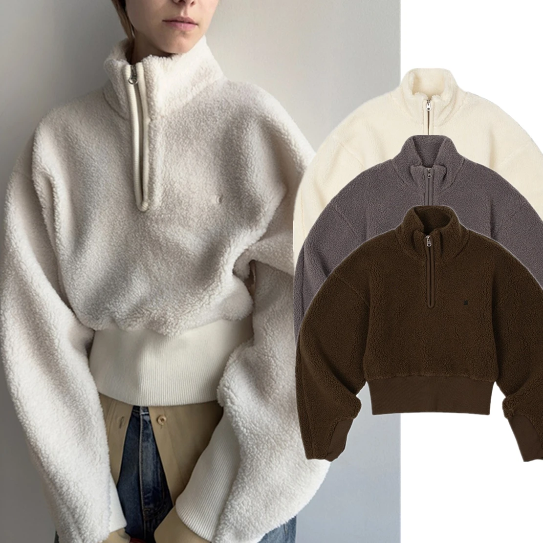Withered Autumn/Winter High Street Fleece Sweater Simple Casual Half Zipper TurtleNeck Plush Hooded Short Sweatshirt Women Top