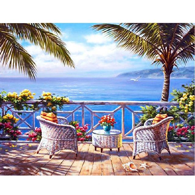 Diamond Painting House Scenery 5D Diamond Mosaic Seaside Landscape Rhinestone Embroidery Full Round Drill Home Decor CY-FJ02496-AE5