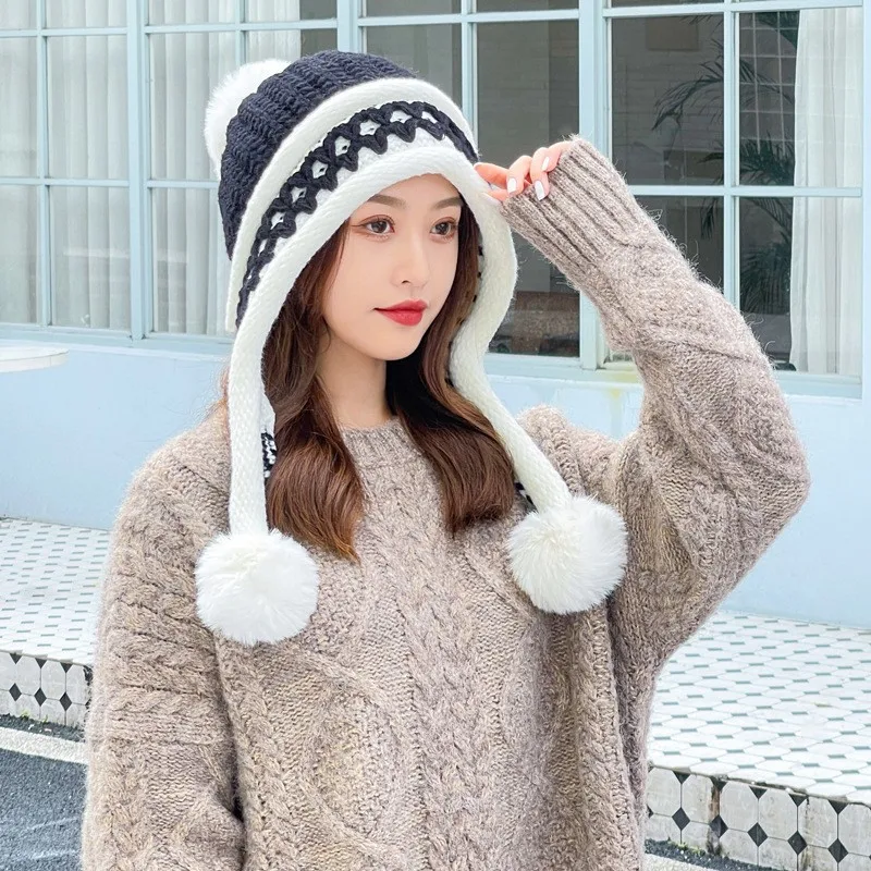 Neue Gestrickte Hut Dicke Warme Earflap Hüte Schal 2Pcs Set Fleece Gefüttert Ball Bommel Skullies Beanies Frauen Winter kaninchen Fell_voghion.com