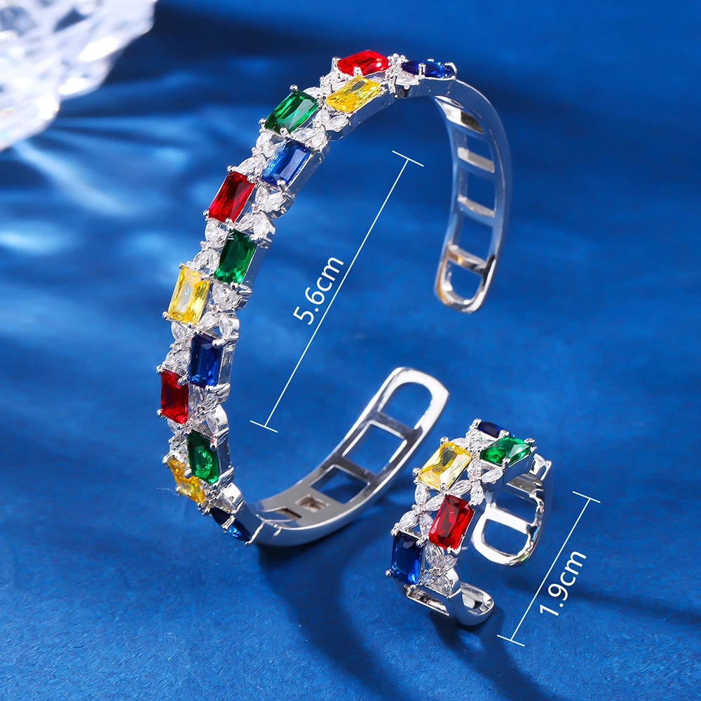 Full colou Quadrate Zircon Double Layer Geometric Bangle Rings Bracelet