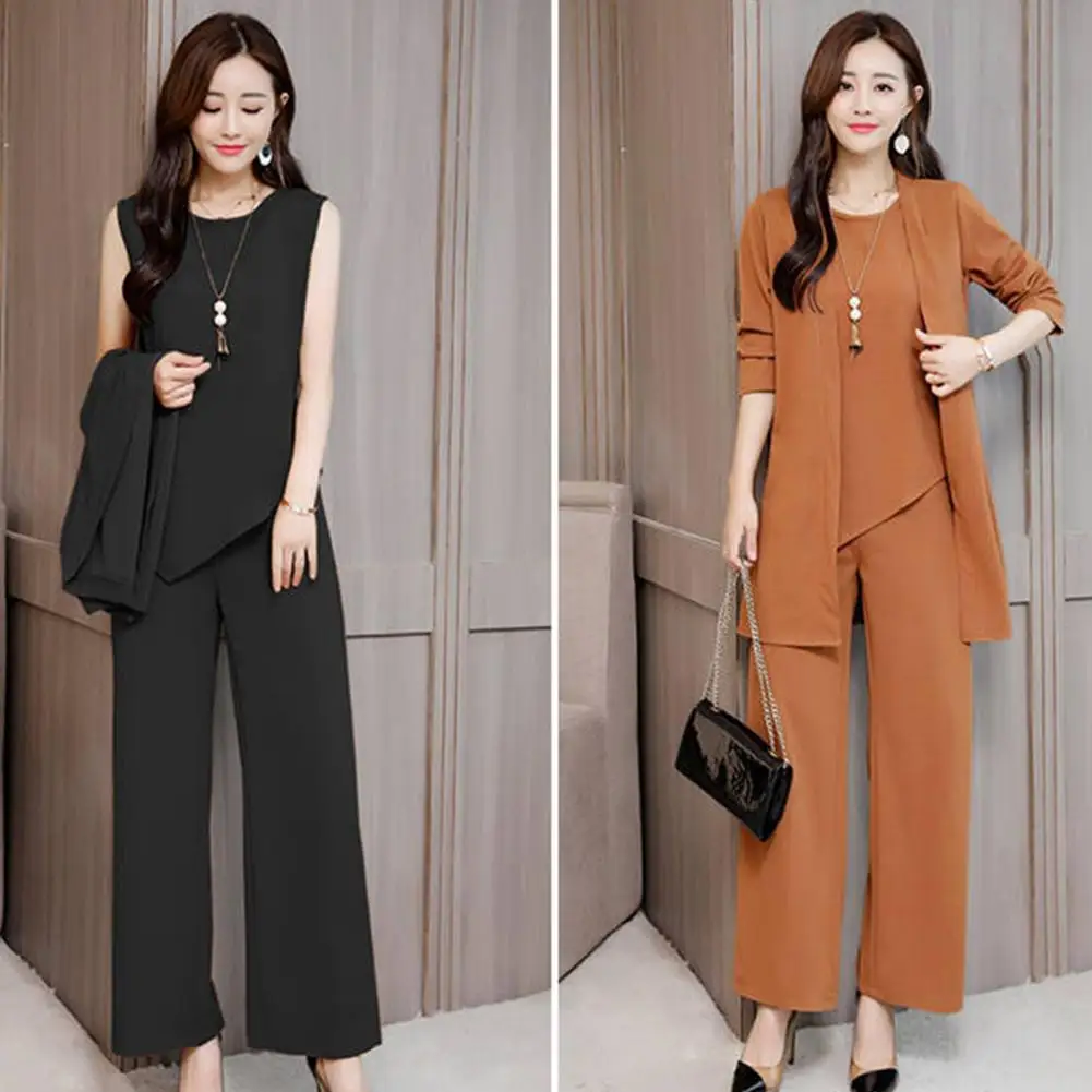 

3Pcs/Set O-neck Sleeveless Lady Outfit Irregular Hem Elastic Waistband Pockets Vest Top Wide Leg Pants Mid-length Coat Set