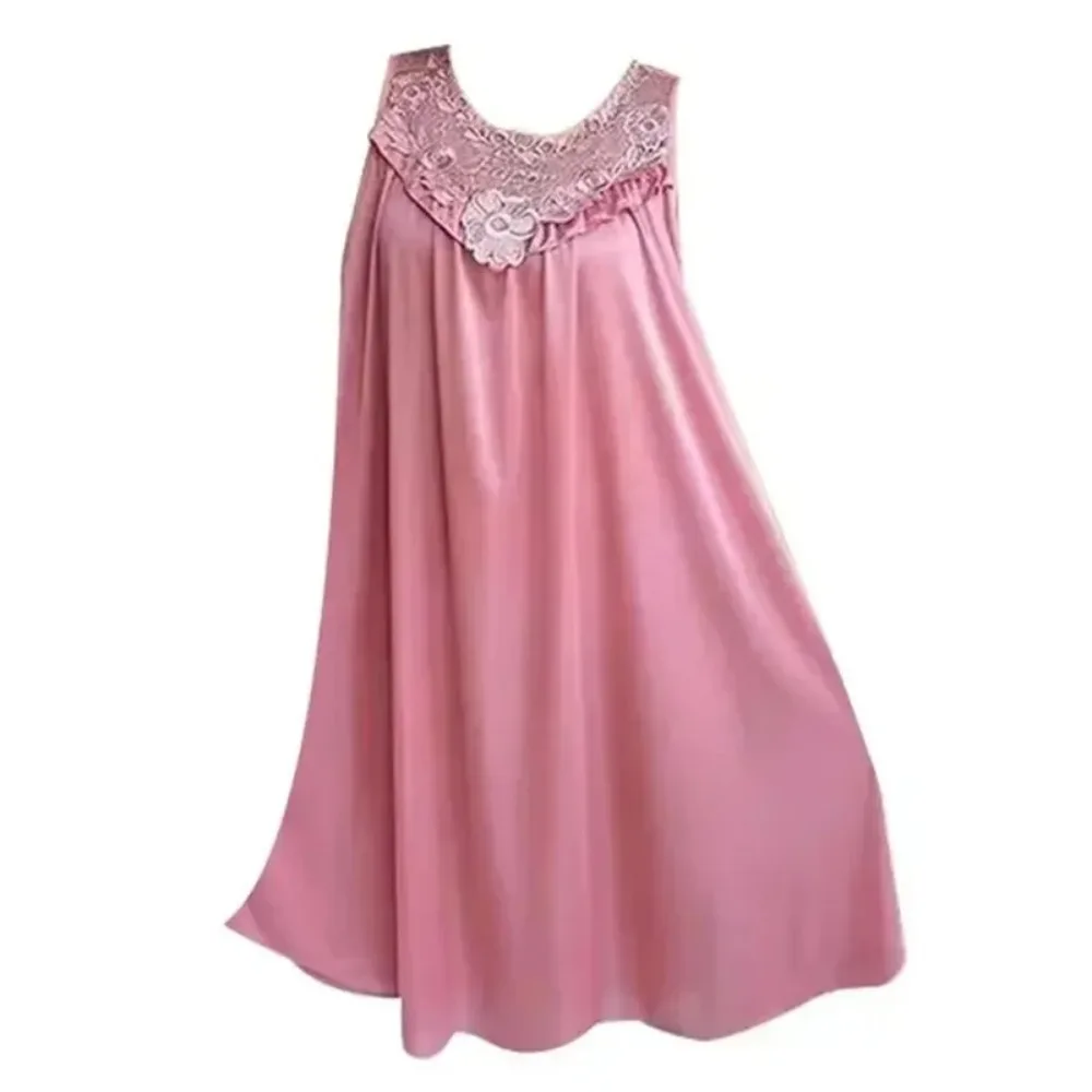 Women Nightgown Lace Ice Silk Medium Length Sleeveless Tank Top Sexy Sleeping Dress Can Be Worn Externally