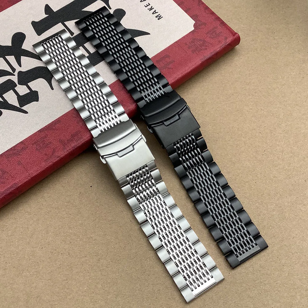 20 22 24 mm Edelstahl-Tauchstahl-Uhrenarmband für Männer und Frauen, professionelles Metallarmband, Faltschließe, Perlen, Reisband, Seiko