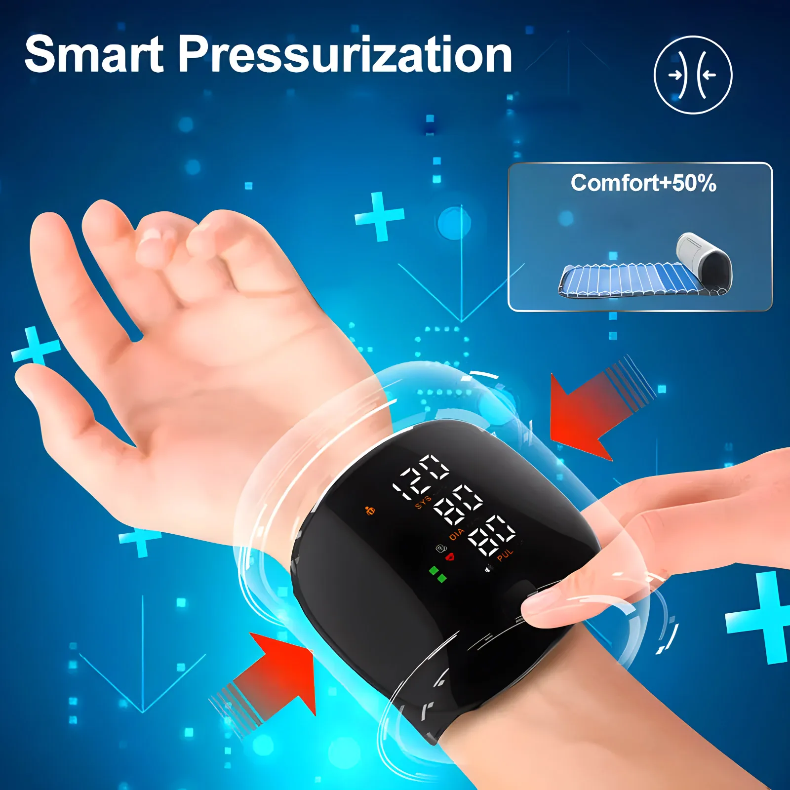 Blood Pressure Monitor Meter Rechargeable Voice Electronic Automatic Digital Heart Rate Wrist with Smart Touch LCD Screen