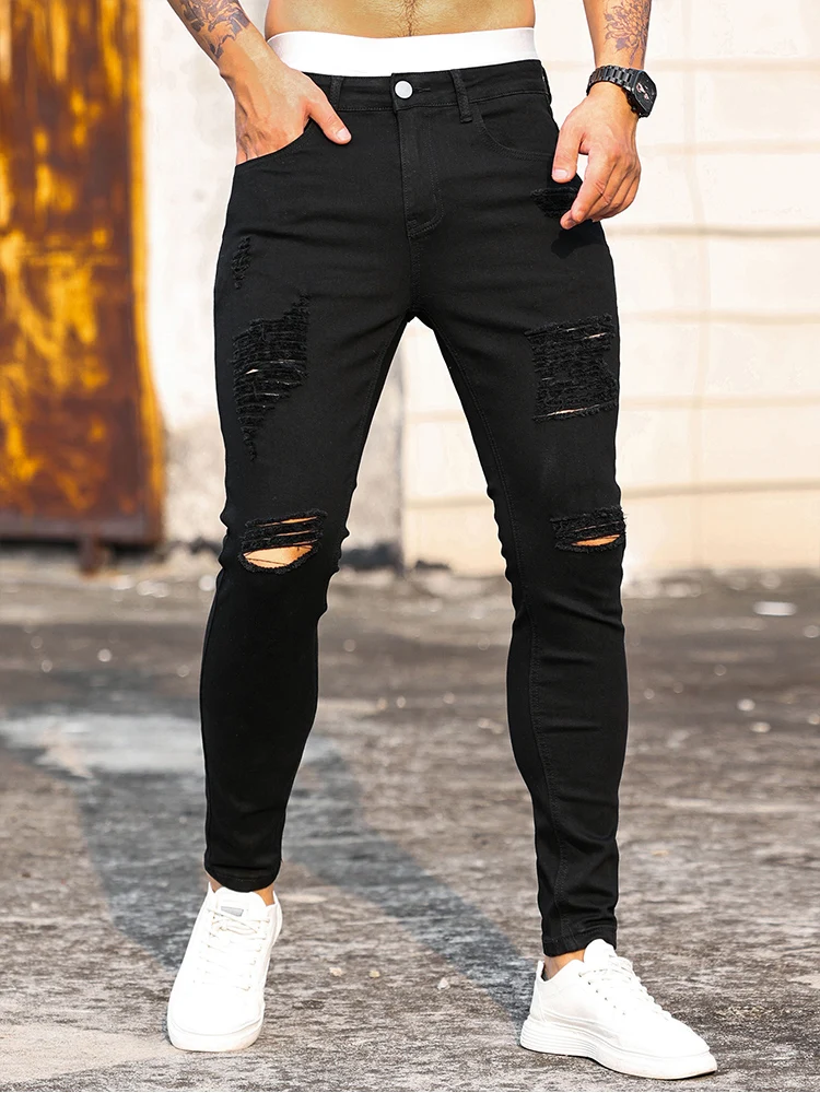komplet kedel Og hold Fashion Men's Street Ripped Jeans Pure Black Stretch Tight Small Foot  Pencil Pants Boyfriend Club Clothing Denim Ropa Hombre