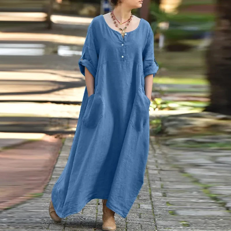 

Female Simple Solid Color Long Dress New Casual O Neck Half Sleeve Button Loose Dress Summer Spring Cotton Linen Holiday Dresses