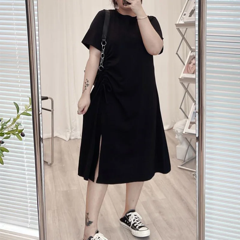 Plus Size Summer Clothes for Women Solid Color Round Neck Side Shirring Short Sleeve Split T-shirt Casual Mid Length Dresses