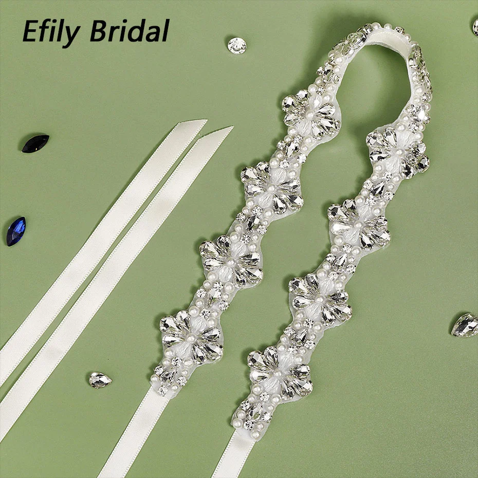 Efily Pearl Rhinestone Bridal Belt Crystal Applique Silver Color Thin Wedding Belt for Bride Party Dress Accessories Sash Ribbon