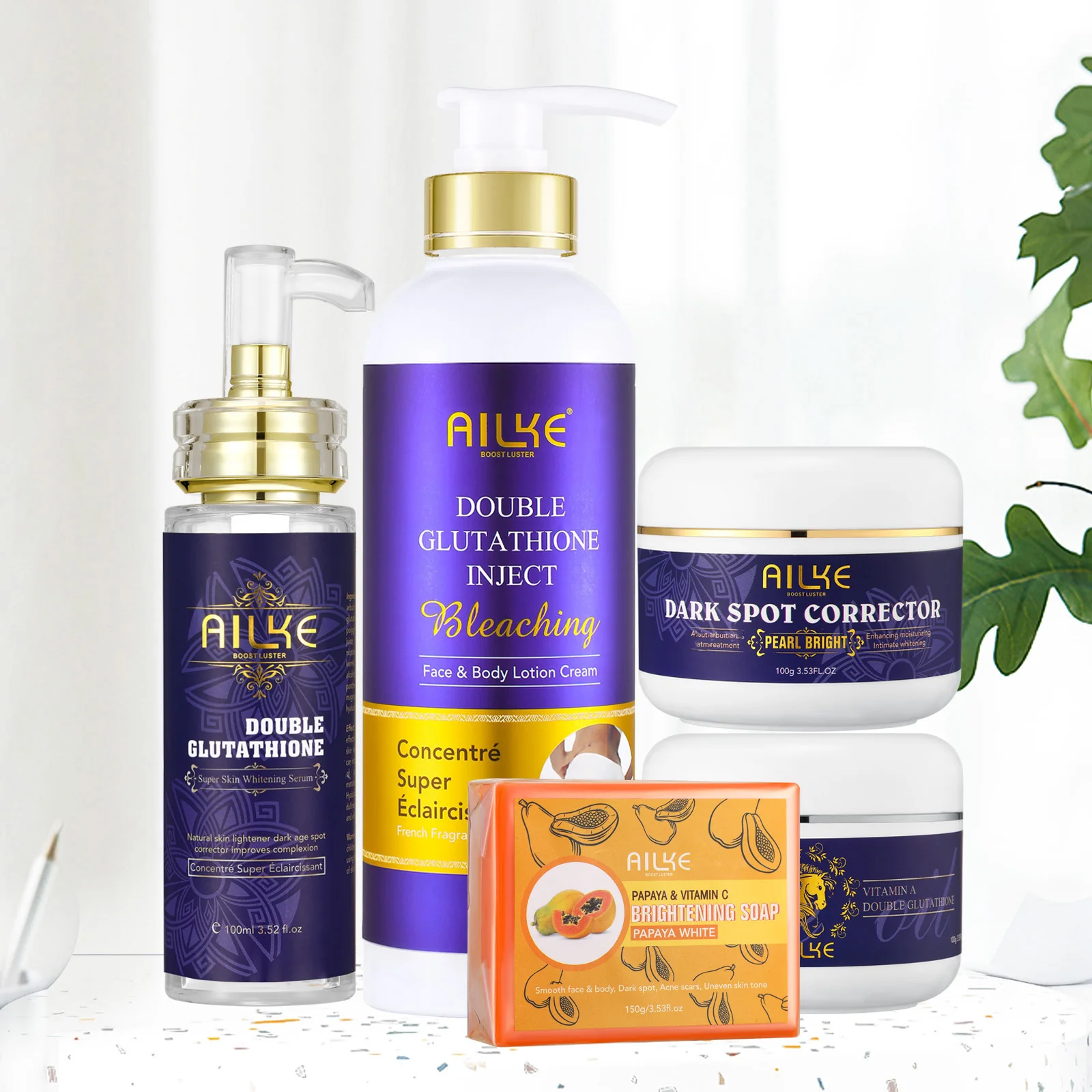 AILKE Double Glutathione Whitening Skin Care, Lightening, Remove Dark Spots, Skin Radiant, Moisturizing, Hydrating, Smooth