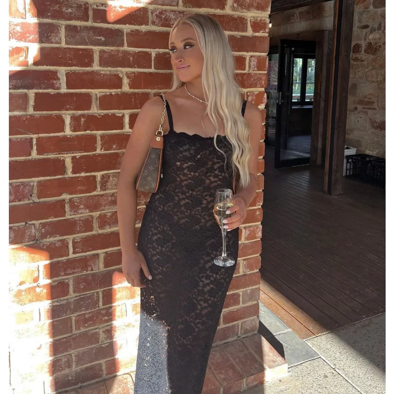Lace Black Dress Female Slim Hollow Out Spaghetti Backless Dress Elegant Party Evening Gown Split Women Maxi Dress Summer