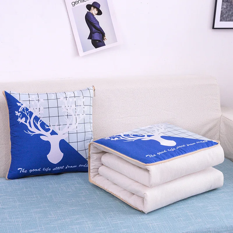 2 In 1 Pillow Travel Quilt Blanket Cartoon Thick Throw Pillow Portable Foldable Air Conditioner Cushion Blanket Car Sofa Office