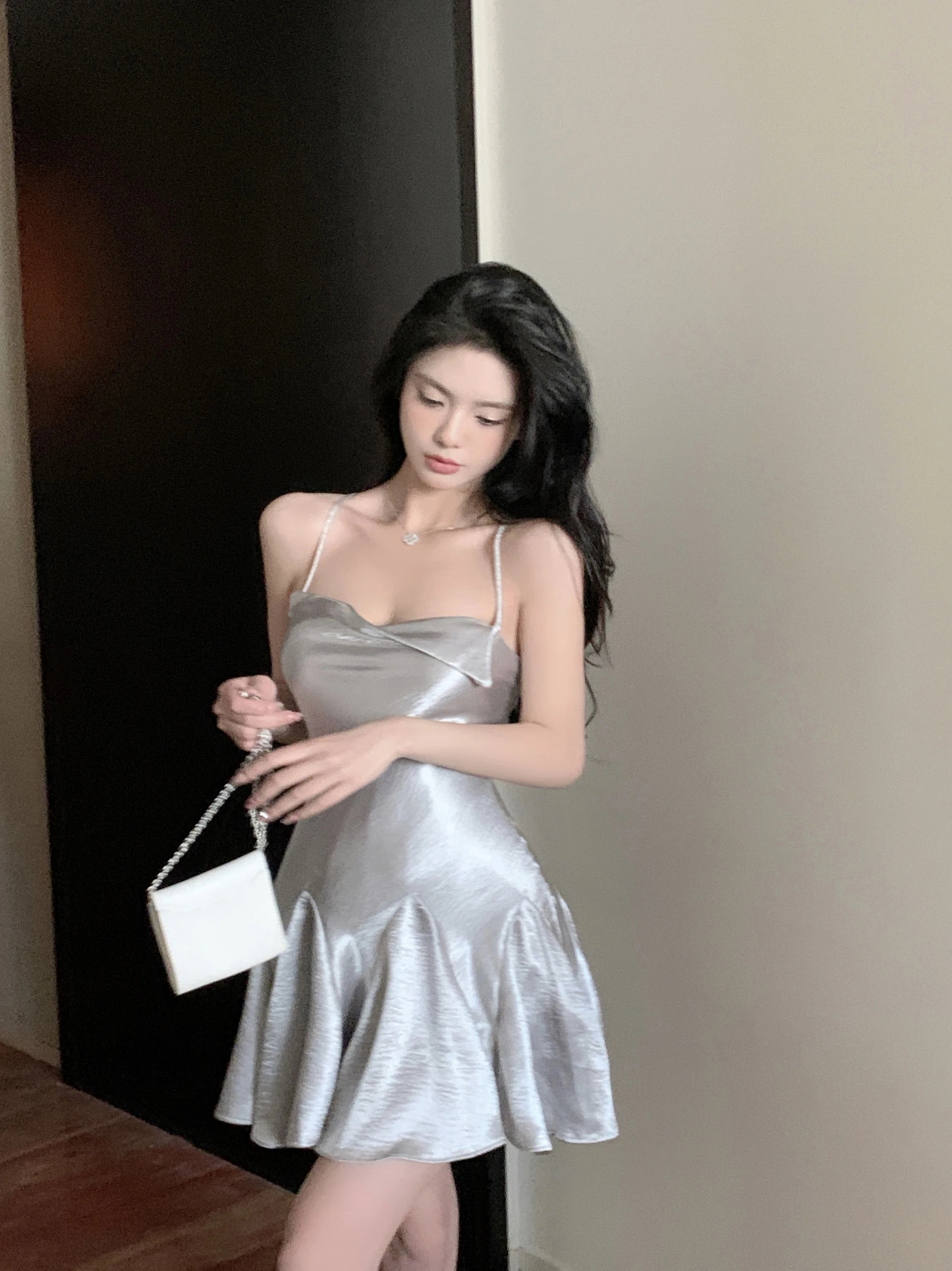 

Satin Silk Silver Mini Dresses Lace-Up Hollow Backless Strap Dress women elegant party y2k cloth one piece summer korean vestido