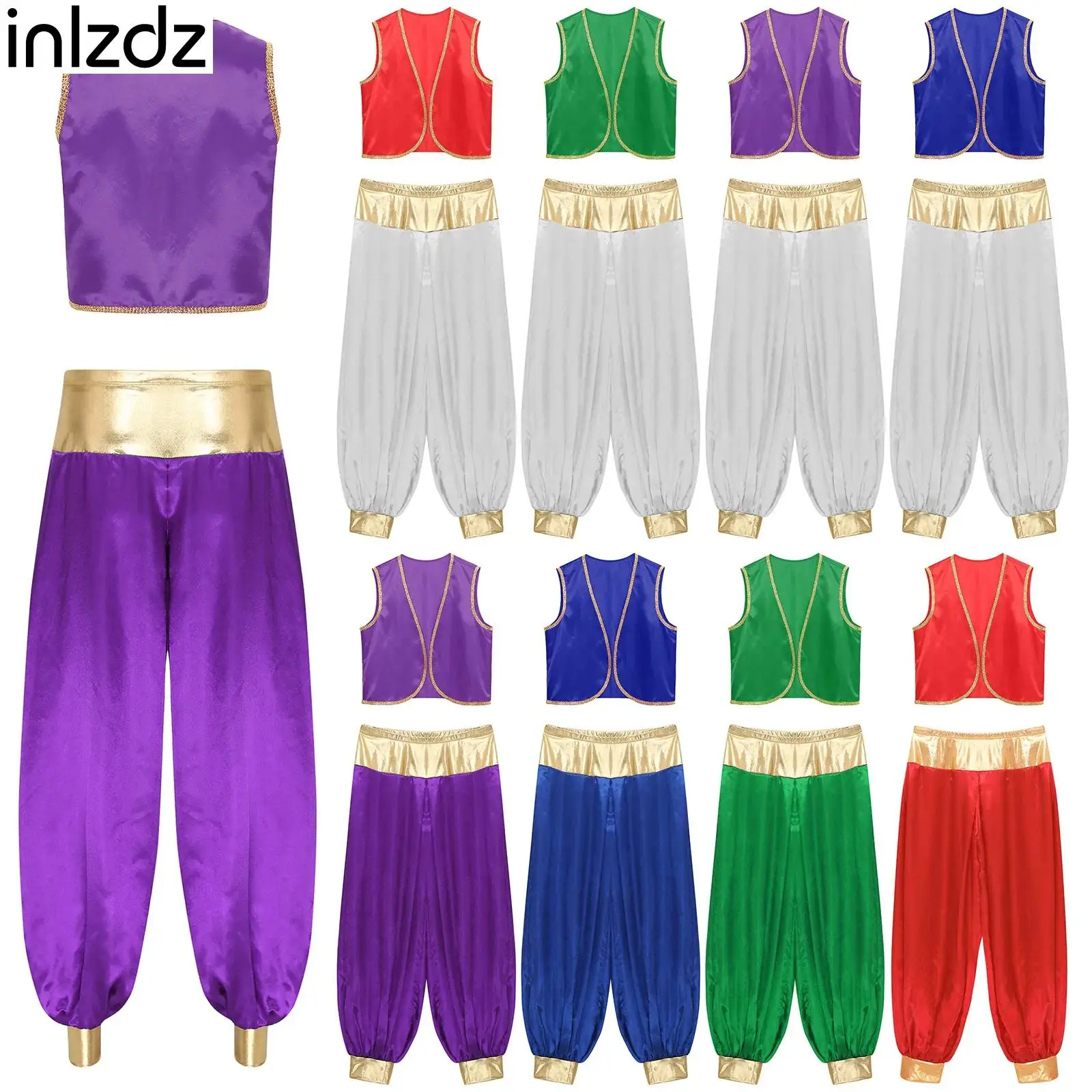 Costumi cosplay arabi da uomo Gilet da principe arabo di Halloween con finiture dorate lucide Gilet curvo aperto sul davanti con tuta di pantaloni - immagine 3