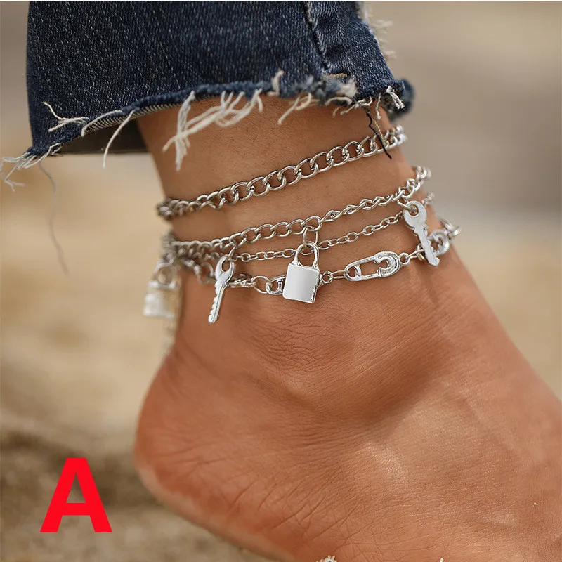 tobilleras mujer tobilleras pulseras mujer accesorios Tobillera de cadena de perlas con cerradura multicapa para mujer, de acero inoxidable 361L, tobillera para pie de playa, joyería de moda| -