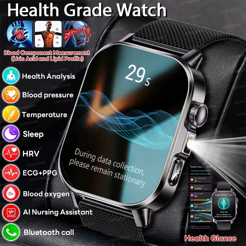 Montre connectée intelligente 2026 de pointe pour hommes avec ECG+PPG, mesure précise de la tension artérielle, des lipides et de l'acide urique, écran AMOLED HD de 2,0 pouces, appels HD 1