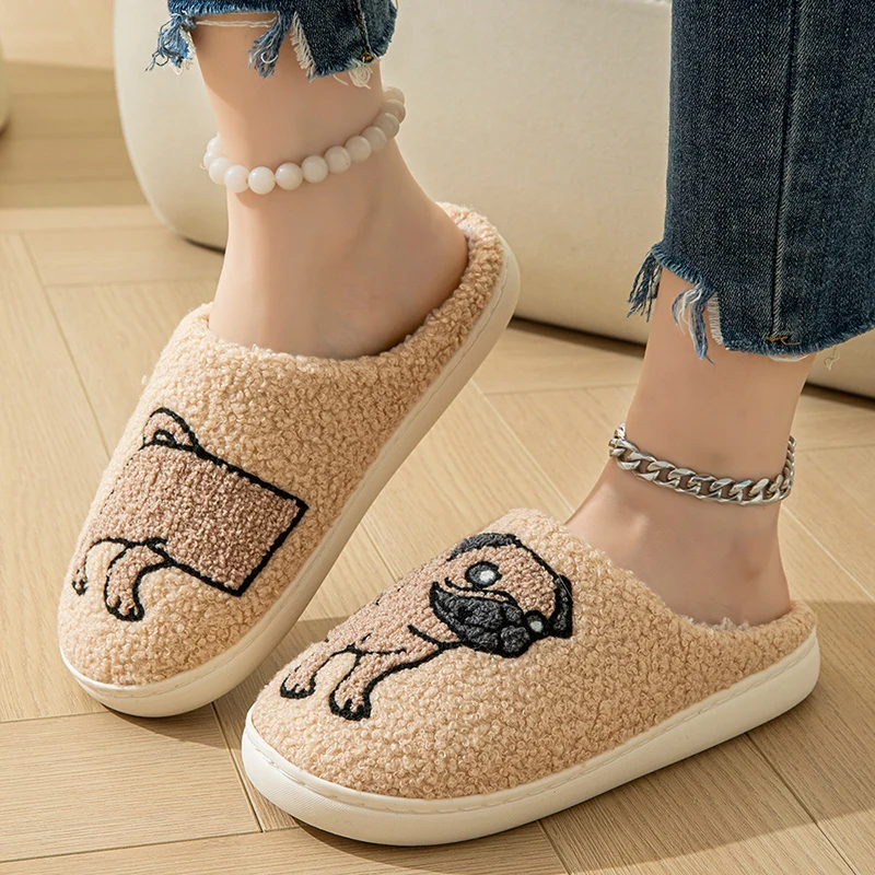 Patchwork Dog Home Fluffy Slippers Women Winter Light Flat Warm Plush Slippers Woman Comfort Soft Sole Non-slip Cotton Slides 3