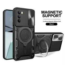 Magnetic Holder Ring Shockproof Armor Phone Case with Slide Camera Cover for Moto G71 5G (Black)
