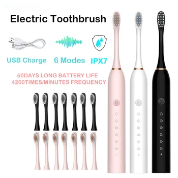 성인용 스마트 USB 충전식 전동 칫솔, 치아 세척 미백 음파 칫솔, 타이밍 칫솔, 교체 헤드 포함