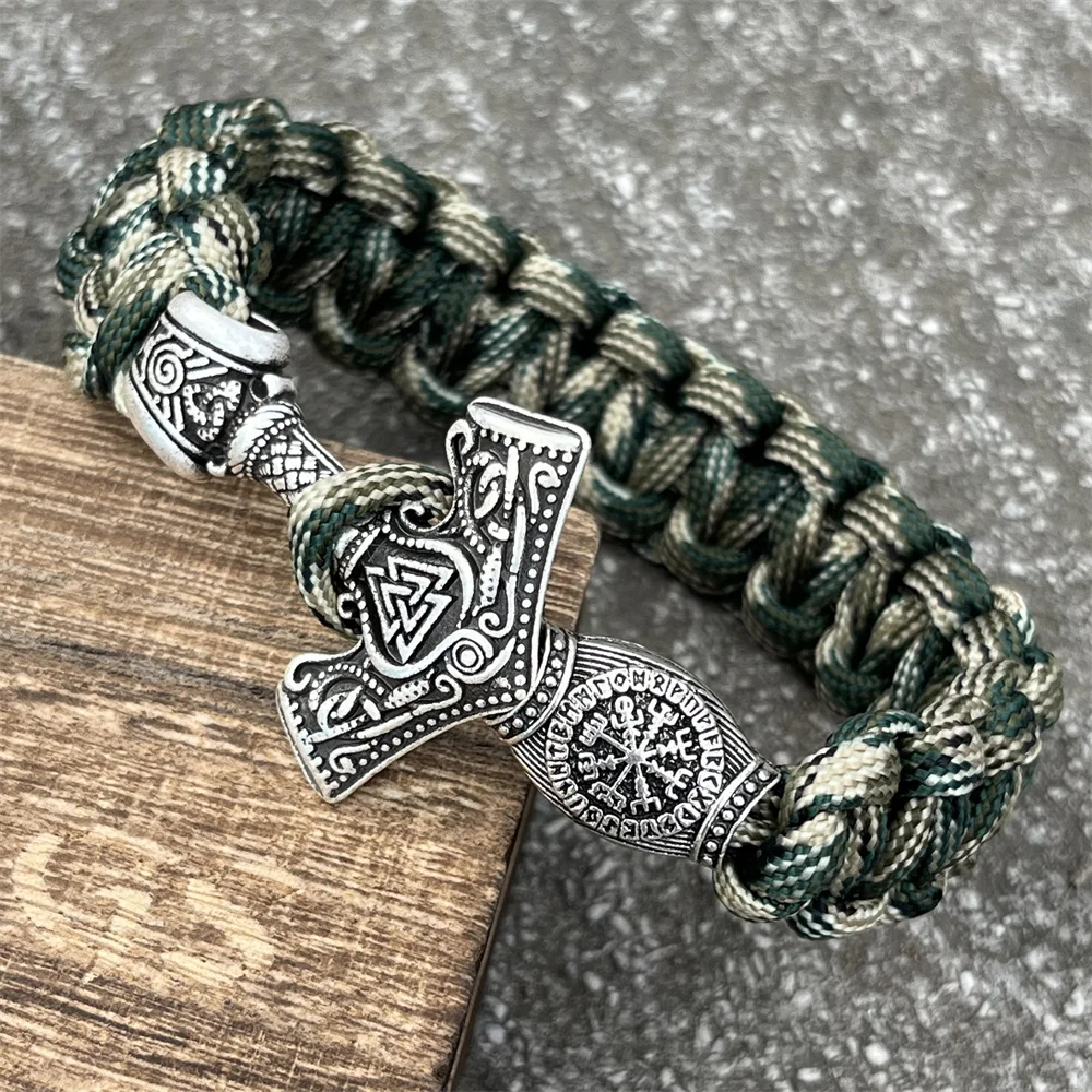 Thor Hammer Mjolnir Runes Teiwaz Algiz Amulet Jewelry Norse Viking Accessories Paracord Rope Bracelets For Men Women Bangles 6