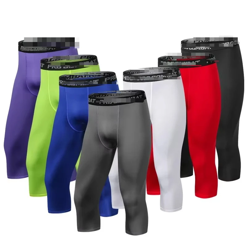 Men Tight 3/4 Cropped Pants Compression Training Fitness Jogger Running Skinny Trousers Basketball Boy Sports Shorts Quick Dry