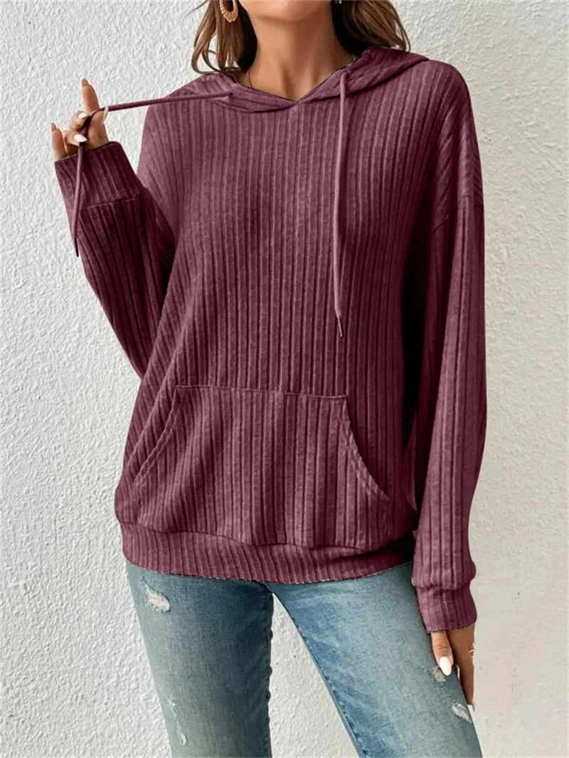 Solid Color Pit Stripe Splicing Kangaroo Pocket Hoodie Women Autumn Winter Casual Long Sleeve Hooded Sweatshirt Female Outerwear
