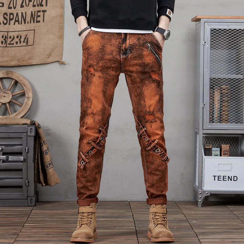 2023 New Fashion Men Casual Jeans Slim Straight Moto Biker Jeans Pantaloni Mens Jean Homme Denim Pants Punk Rock Streetwear