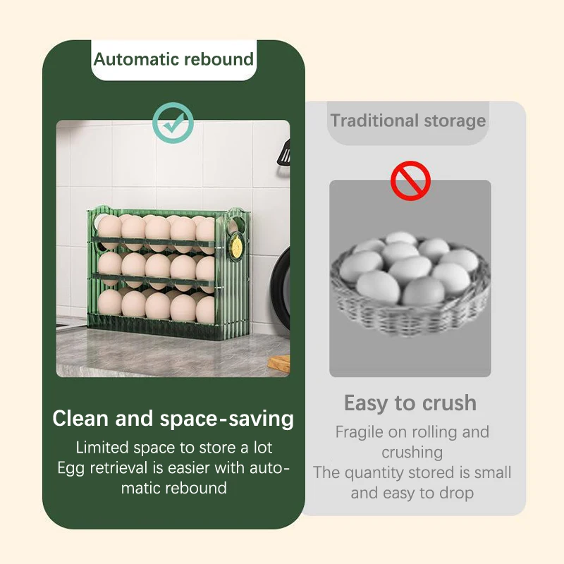 Auto Flip Egg Organizer, 3-Tier Egg Holder Storage 30 Count, Egg Storage Container For Refrigerator Side Door Or Countertop 3