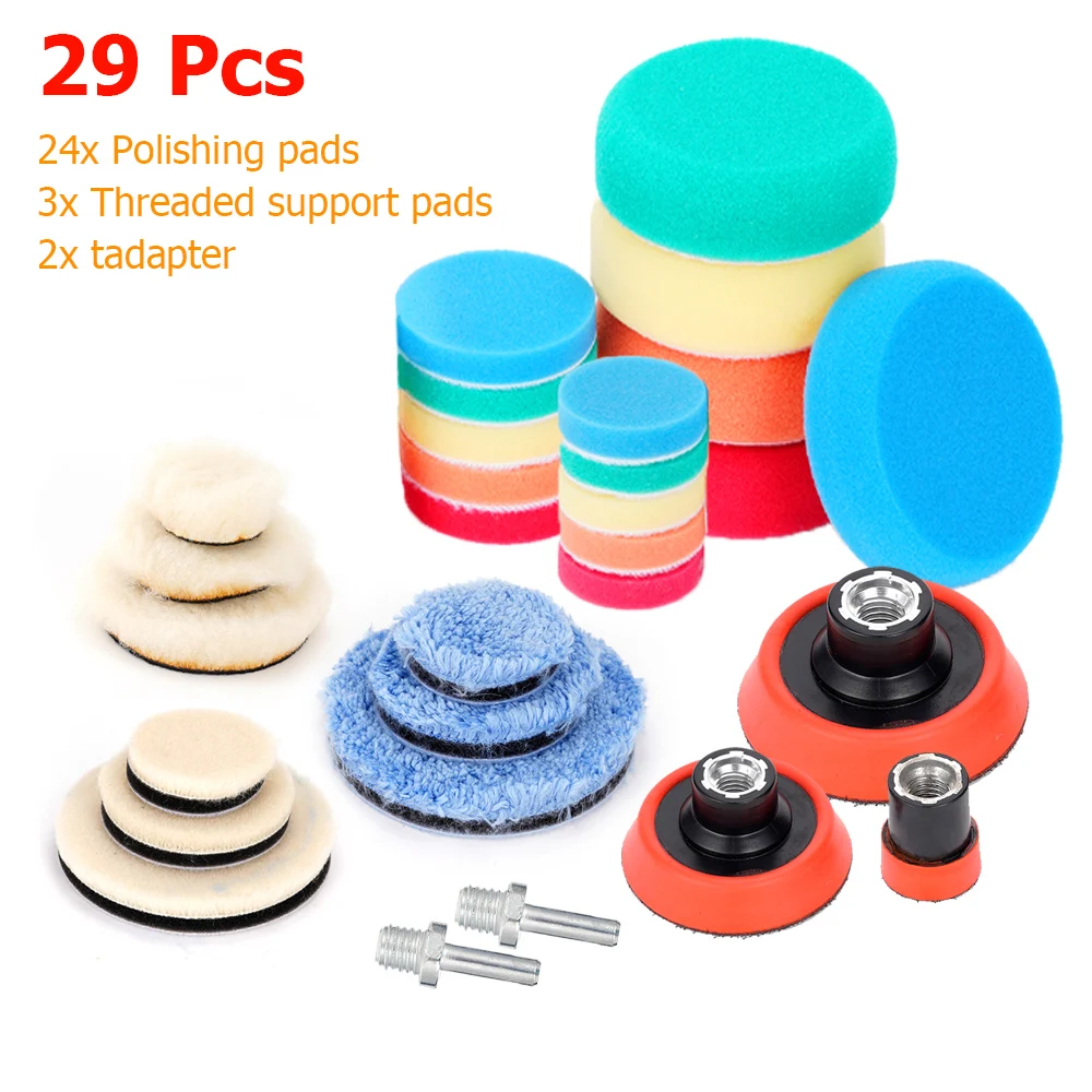 

29Pcs Car Polishing Pad Sponge 1/2/3 Inch Buffing Waxing Clean Polish Buffer Drill+M14 Back Pad Adapter Repair Removes Scratches
