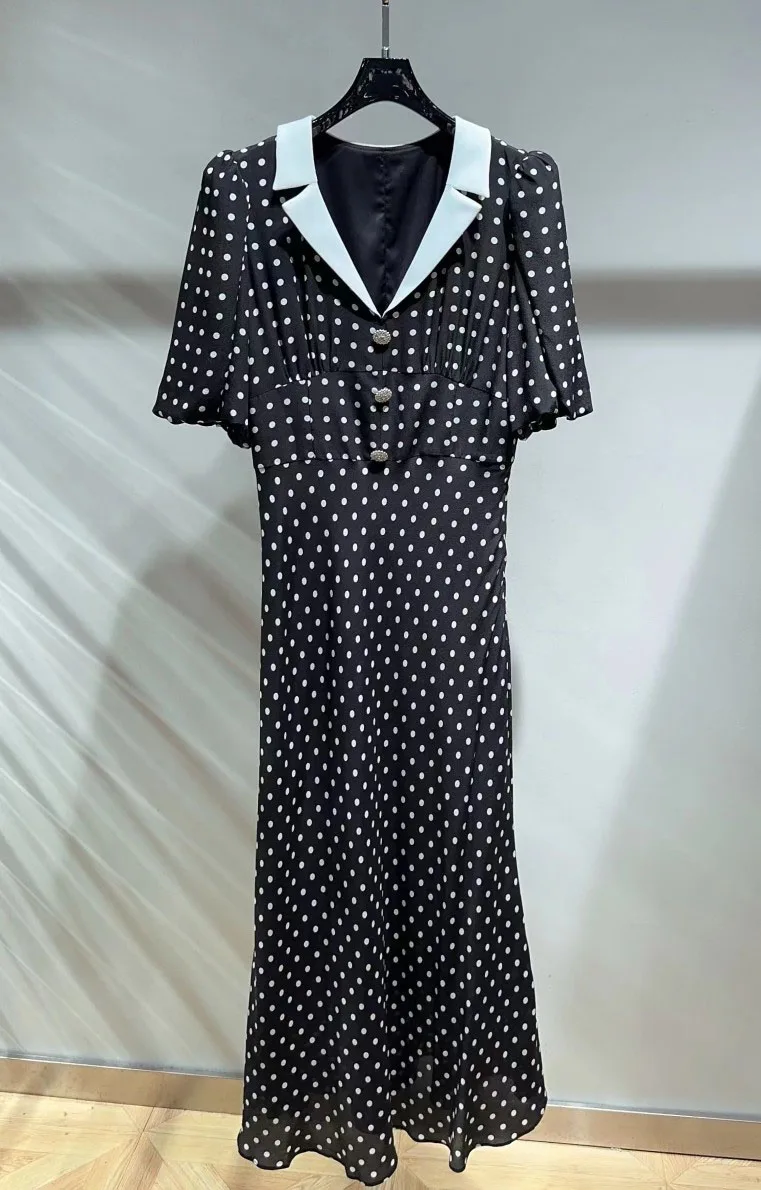 

2024 Spring/Summer New Women's Wear Exquisite Elegant Puff Sleeve Silk Polka Dot Dress 0409