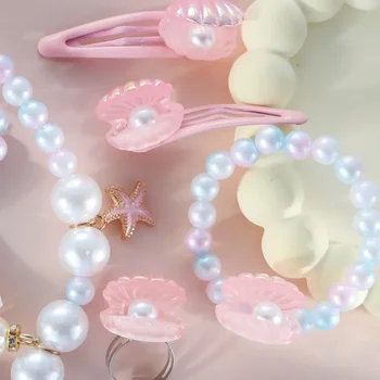 7Pcs Mermaid Jewelry Set Imitation Pearl Shell Princess Girl Gift with Necklace Earrings Ring Bracelet Hair Clip 1