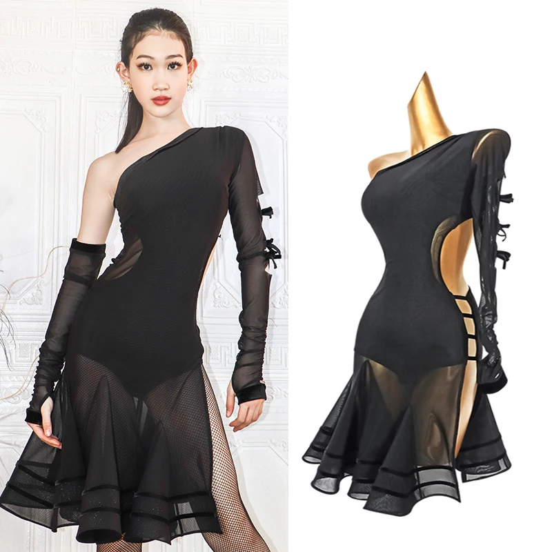 

2023 New Latin Dance Dress For Women Sexy Mesh Perspective Fish bone Dress Chacha Rumba Tango Latin Performance Costumes DN15097