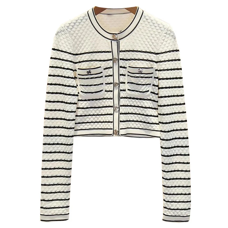 

VII 2024 S Early Spring Woman Clothing Round Neck Striped Slim Knit Jacket Top Cardigan Sweater Women Free Shipping Offers