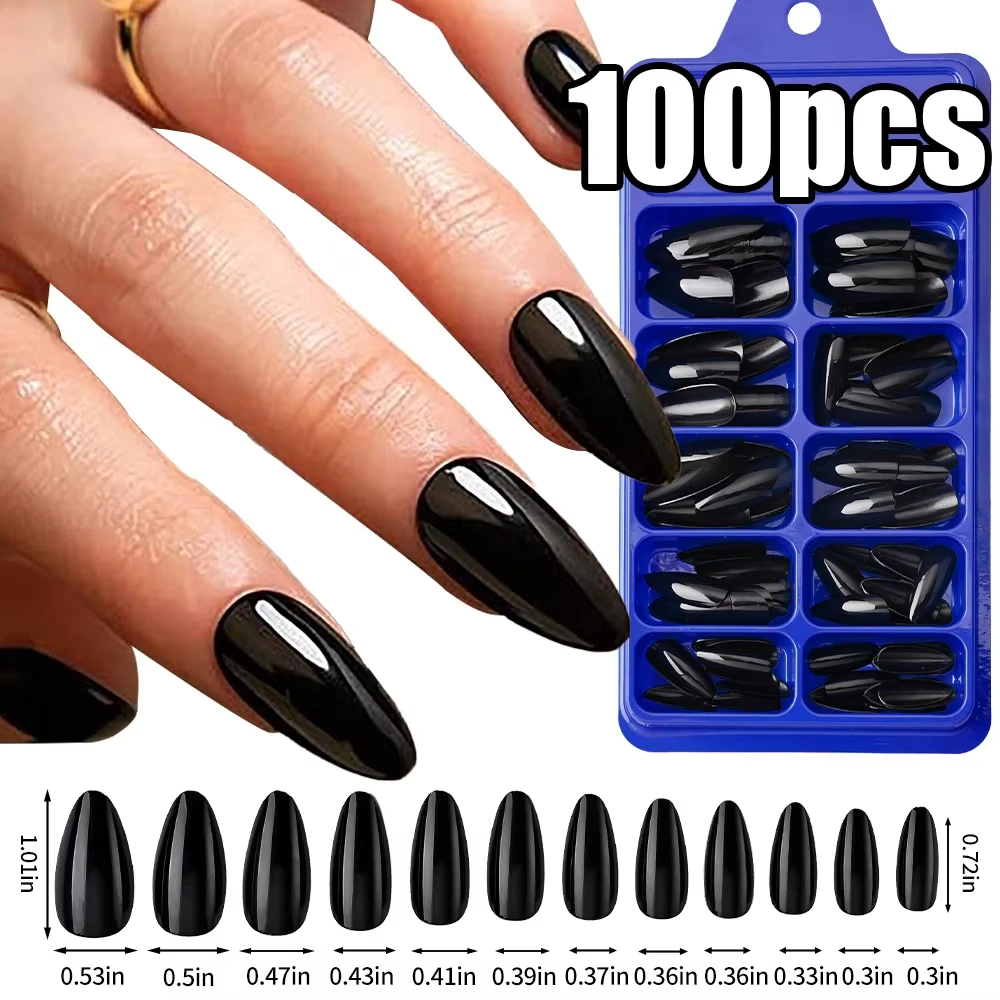 Black French Almond Press-On Nails