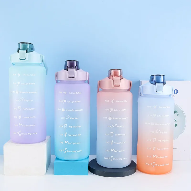 2L Large Capacity Water Bottle Straw Cup High Temperature Plastic Water Cup Time Scale Frosted Outdoor Sports Student Couple