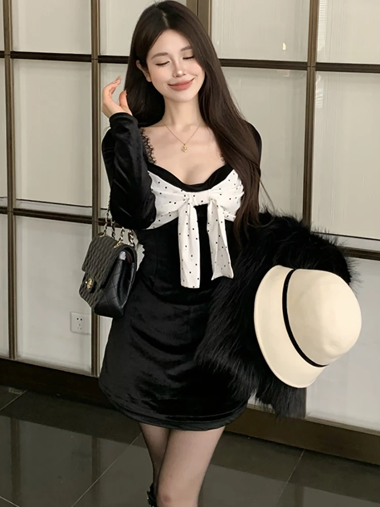 

2023 Black Velvet Patchwork Bow Lace Square Collar Sexy Dress Women Fashion Bodycon Hip Wrap Dress Autumn Winter Elegant Dresses