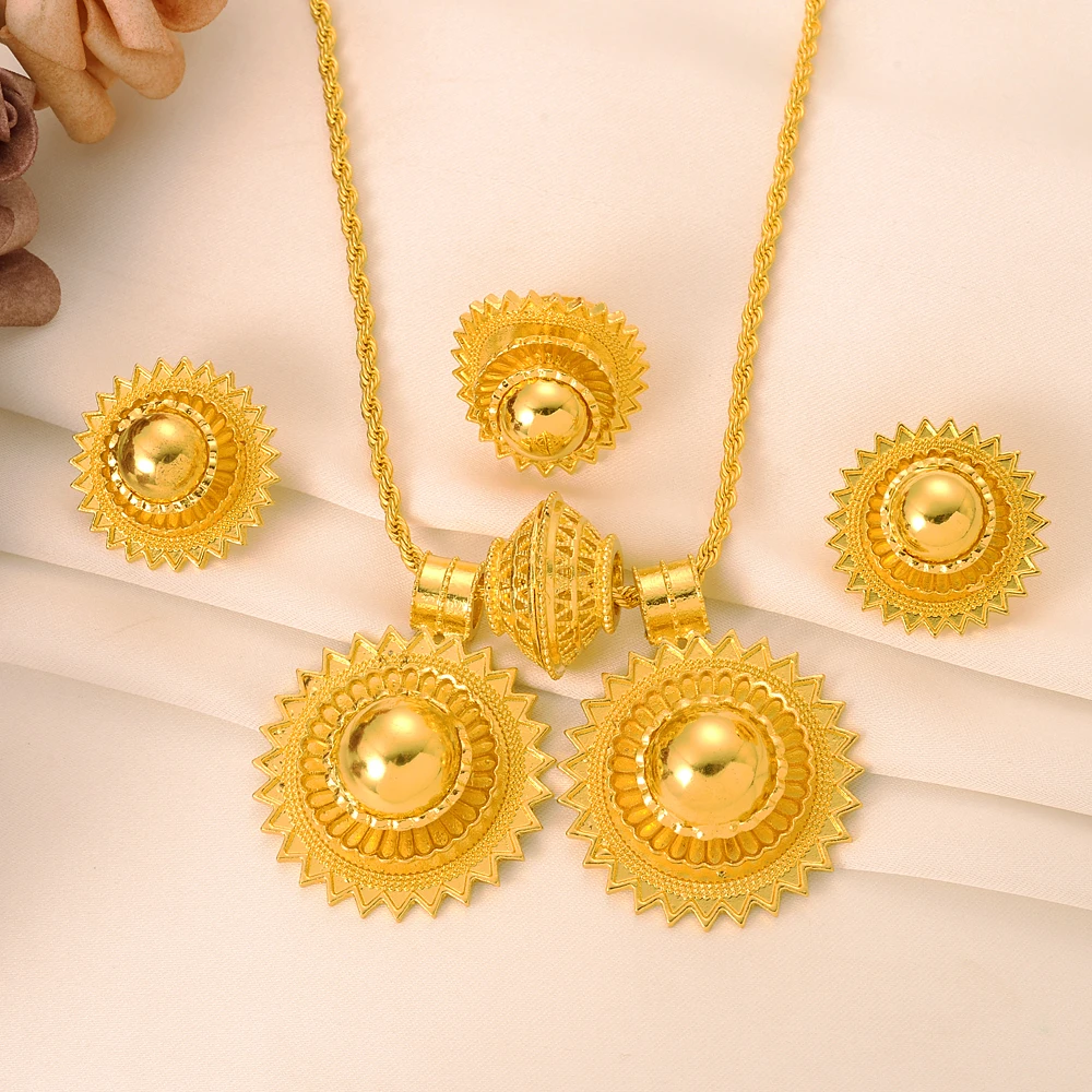Ethiopian Geometry Round Big Pendant Earrings Jewelry Sets 24K Gold Color African Wedding Bridal Women Habesha Party Gifts