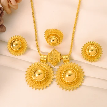 Ethiopian Geometry Round Big Pendant Earrings Jewelry Sets 24K Gold Color African Wedding Bridal  Women Habesha Party Gifts