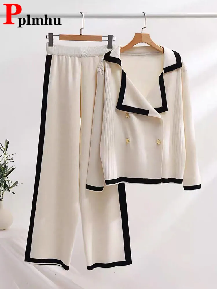 Short Knit Sweater 2 Pieces Sets Double Breasted Knitwear Cardigan Tops Conjuntos High Waist Wide Leg Ankle-length Pants Suits summer shirts sets ankle length pants suit women short sleeves fashion high waist cropped trousers straight leg 2 piece outfits