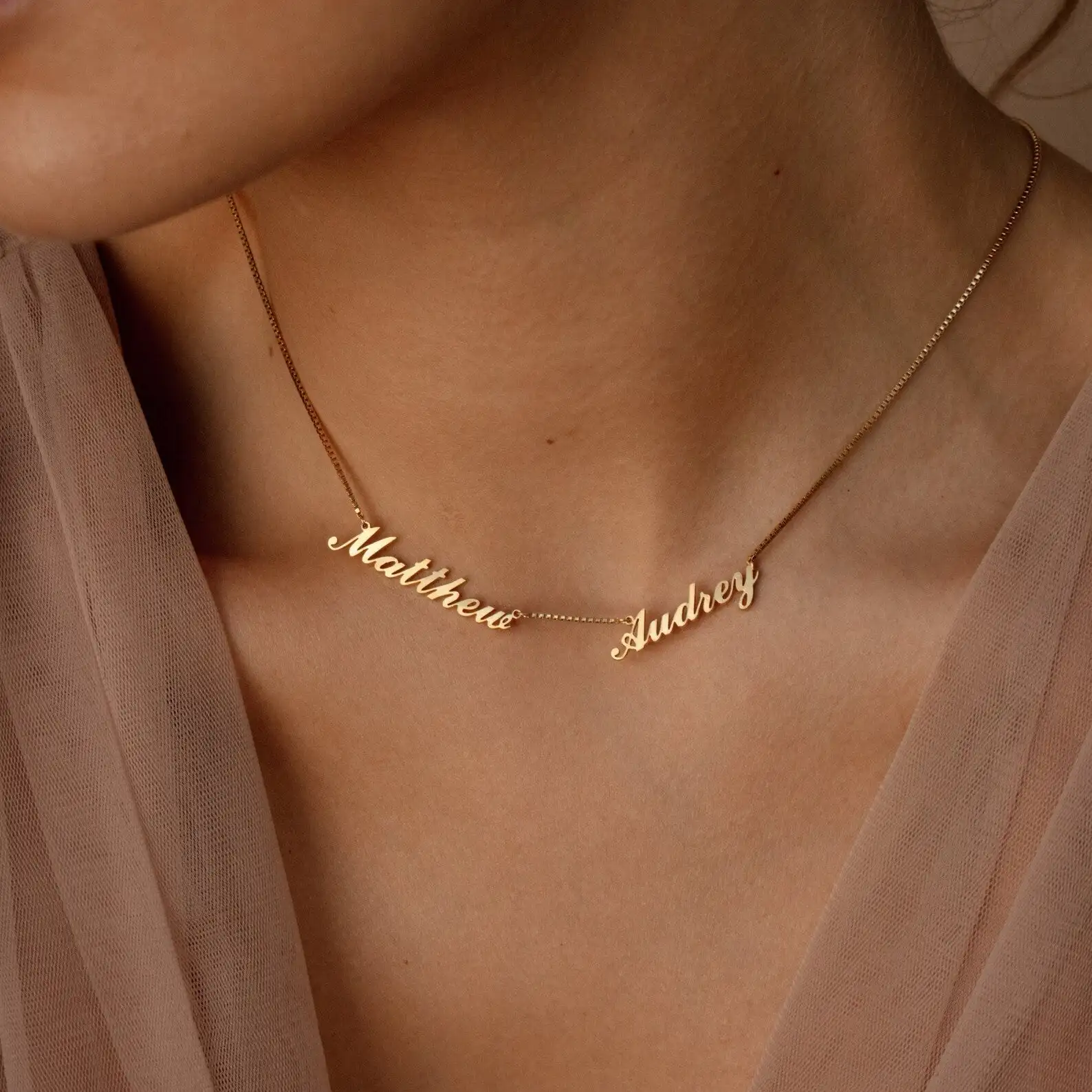 Custom Double Name Gold Necklace with Box Chain Personalized Three Name Necklace Stainless Steel Jewelry Gift for Women